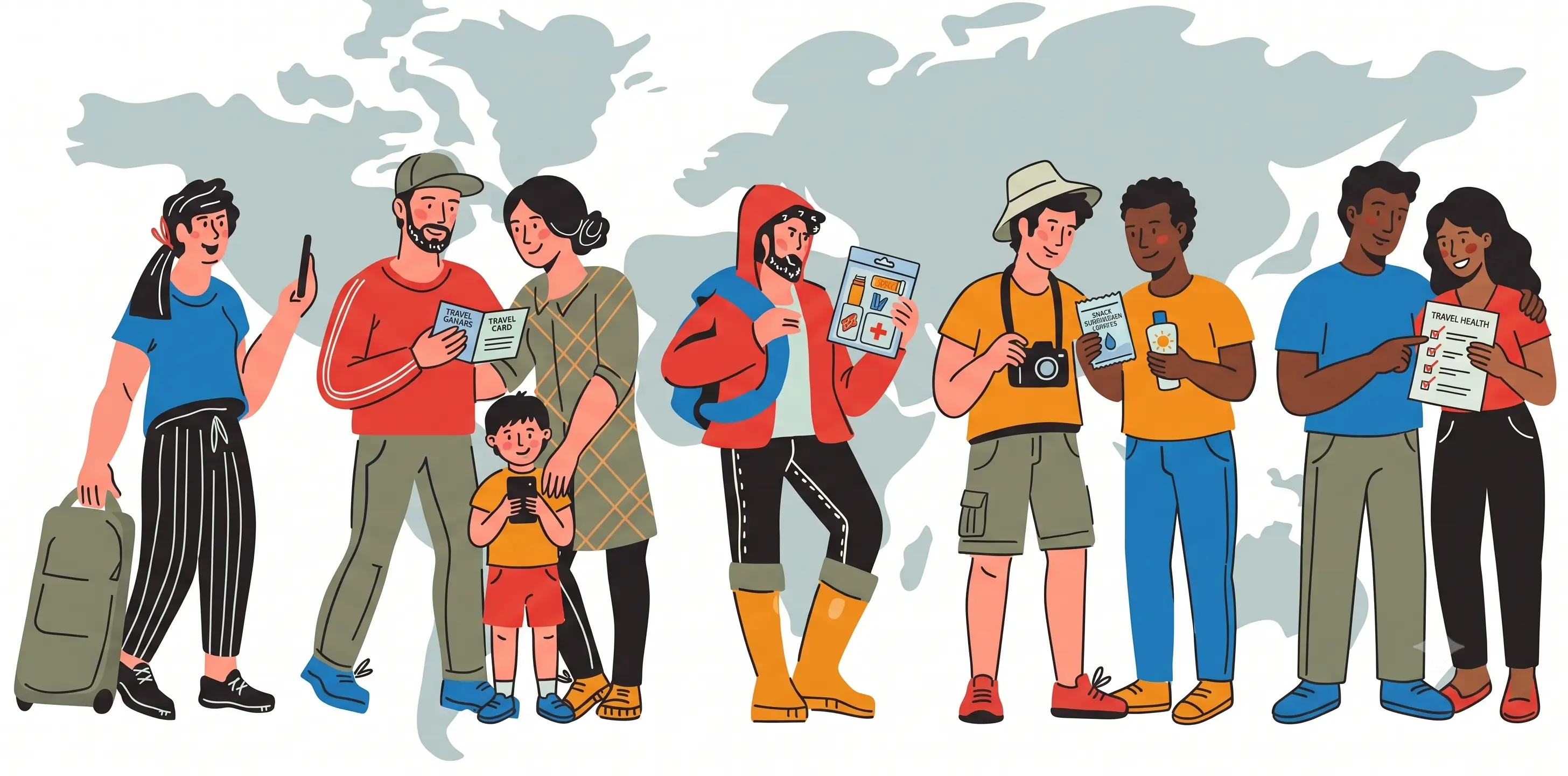Ilustração de viajantes com kits de saúde prescritos em consulta do viajante