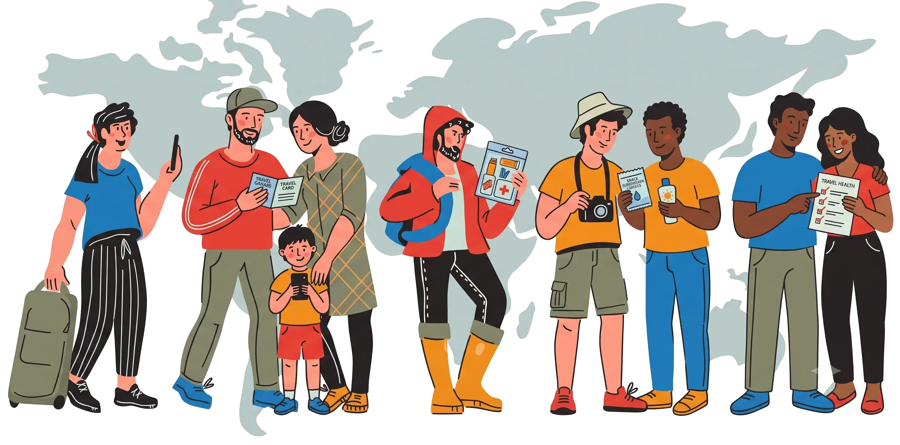 Ilustração de viajantes com mapa do mundo e kits de saúde prescritos em consulta do viajante